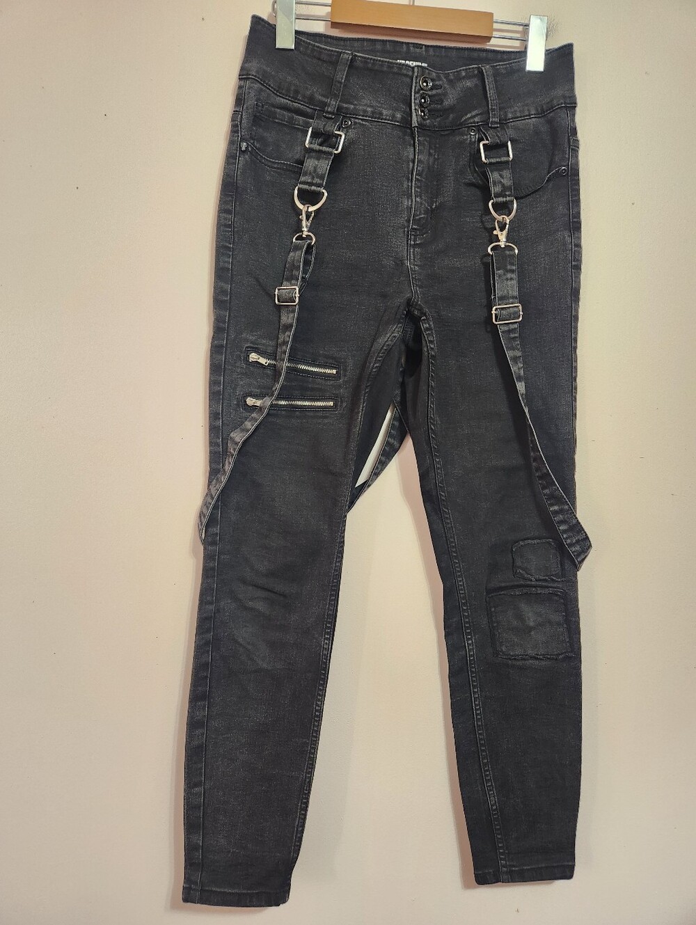 HT Denim Hi-Rise Super Skinny Suspender Jeans Faded Black Alt Mall Goth Punk 9